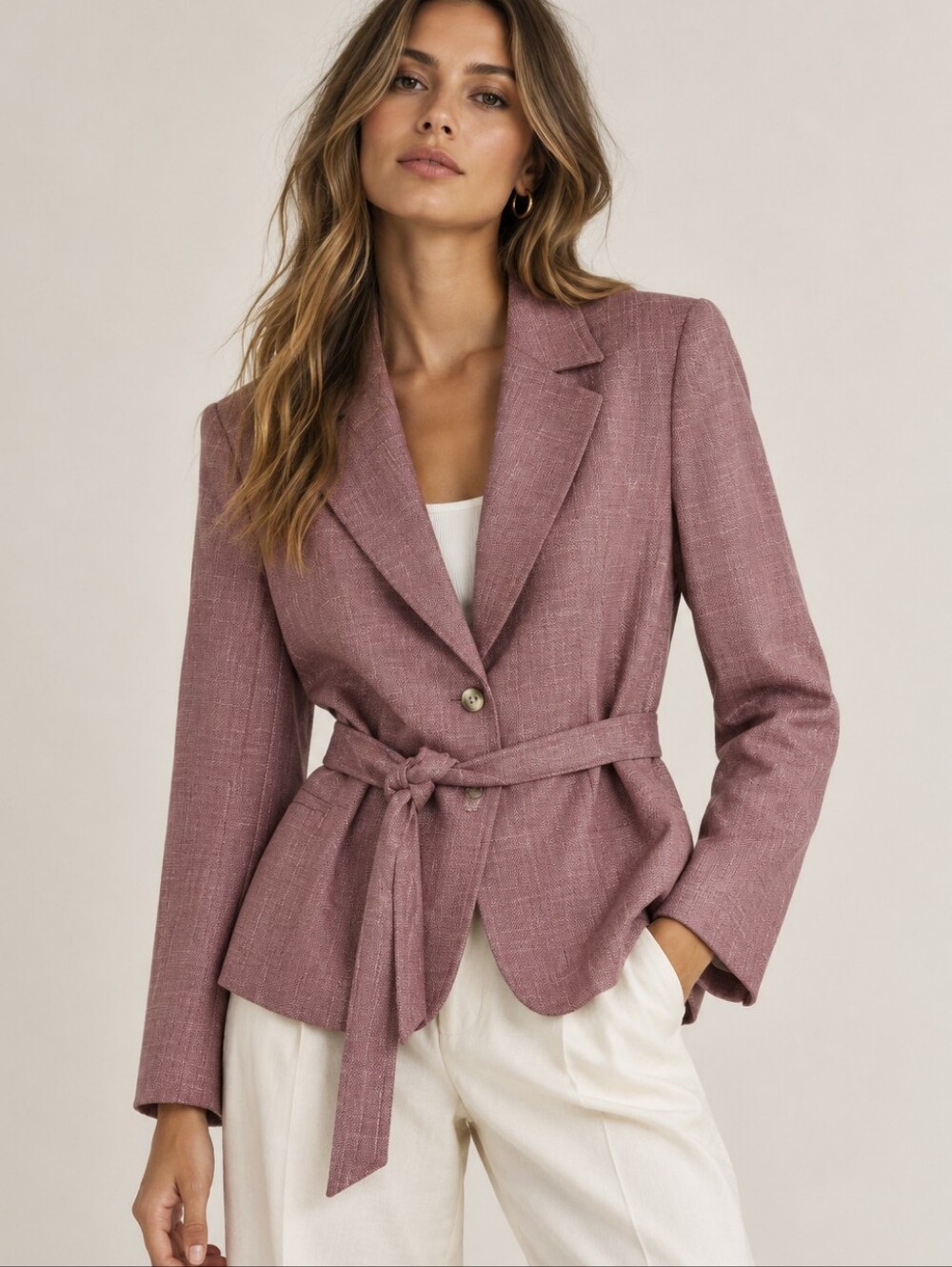 BROOKS BROTHERS Italian Woven Linen Blend Heather Mauve Belted Blazer Size 8
